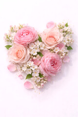 Obraz premium Beautiful pink roses and white flowers arranged in heart shape on white background