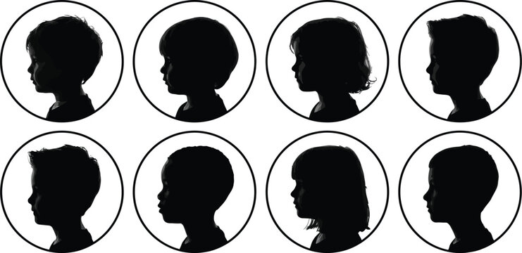 Children head silhouette icon set, kids profile faces in circle frames, boys and girls avatars in black shapes, minimalist people icons for school, app, logo and user profile design vector