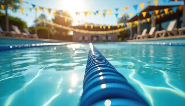 Bright public swimming pool with lane rope, clear blue water, and sunny sky. Bunting flags decorate the poolside area with lounge chairs and building background.