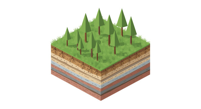 An isometric square block of natural terrain features a vibrant green grass surface with multiple pine trees and exposed underground geological soil layers.