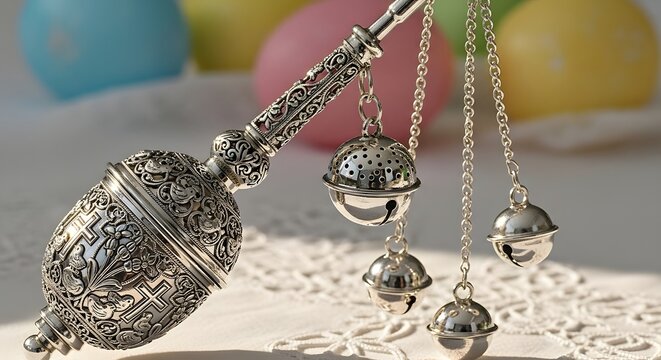 Ornate Easter aspergillum holy water sprinkler silver chains liturgical tool 