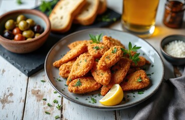Fototapeta premium Golden fried fish pieces served on a plate with lemon wedge. Olives bread and beer accompany this spanish tapas dish. Appetizing seafood snack.