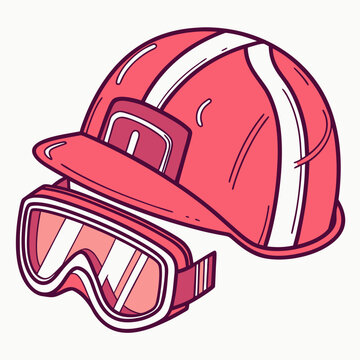 Red construction hard hat and safety goggles set for building site protection and manual labor workers illustrated in clean comic style isolated.