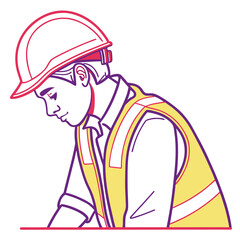 Illustration of young male construction worker wearing white hard hat and yellow safety vest looking down while planning at building site projects. © Nock