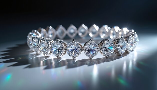 Diamond tennis bracelet shines with cubic zirconia gems. Elegant jewelry catches light. Expensive accessory shows luxury, wealth, and brilliance on display.
