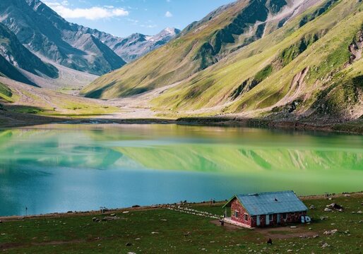 Breathtaking view of Saif-ul-Maluk Lake in Naran Valley, Pakistan, surrounded by majestic Himalayan mountains, lush green slopes, and crystal-clear turquoise water reflecting the landscape.