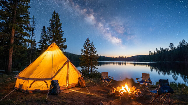 Amigos acampando junto a un lago bajo la V&iacute;a L&aacute;ctea. Fogata, tienda iluminada y furgoneta se reflejan en el agua quieta. Una escena de aventura y libertad en la naturaleza.