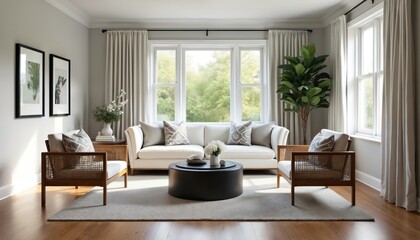 Fototapeta premium Bright living room with white sofa, rattan chairs. Large window shows green trees outside. Neutral decor with artwork, plants creates calm atmosphere. Furniture arranged for comfort, conversation.