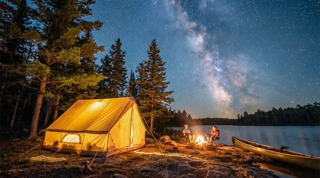 Amigos acampando junto a un lago bajo la V&iacute;a L&aacute;ctea. Fogata, tienda iluminada y furgoneta se reflejan en el agua quieta. Una escena de aventura y libertad en la naturaleza.