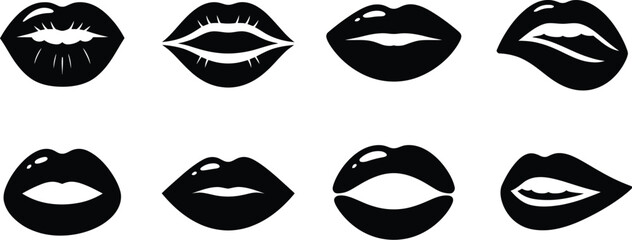 Kiss Lips Silhouette Icon Pack Featuring Valentine’s Day Romantic Symbols, Black Vector Illustrations Isolated on White Background for Greeting Cards, Social Media, Love Themes, and Holiday Design Pro © GIBBI RWW