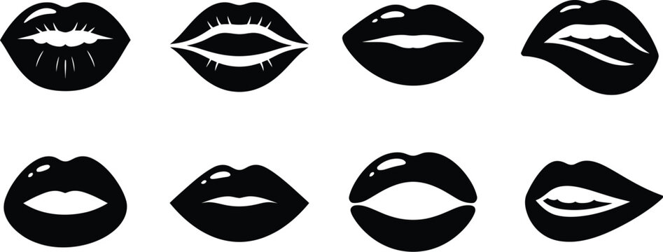 Kiss Lips Silhouette Icon Pack Featuring Valentine&rsquo;s Day Romantic Symbols, Black Vector Illustrations Isolated on White Background for Greeting Cards, Social Media, Love Themes, and Holiday Design Pro