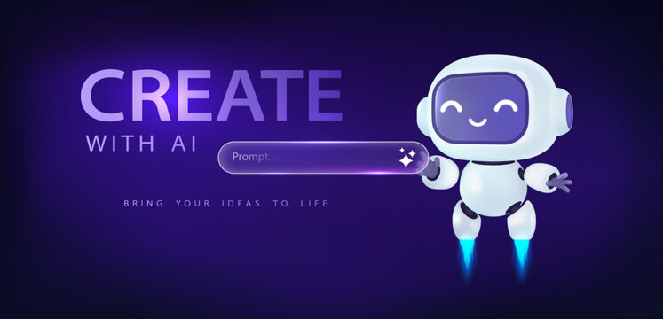 Cute 3D AI Robot Banner with Prompt Bar. AI assistant with a search engine bar for searching or generating. Artificial intelligence, 3D Friendly chat bot interacts with code, graphics or info. Vector