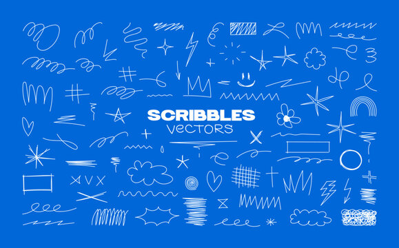 Playful Hand-Drawn Scribble Doodle elements. Cute collection of white hand-drawn scribbles, doodles, stars, swirls, zigzags, and sketch. Vector graphic set for highlights, posters, social media
