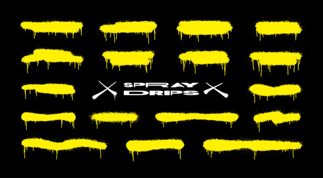 Collection Yellow Graffiti Spray Paint Drip Set on Black Background. Stencil aerosol clouds with splashes and dripping paint. Graffiti spray strips, empty templates for text. Vector street art set
