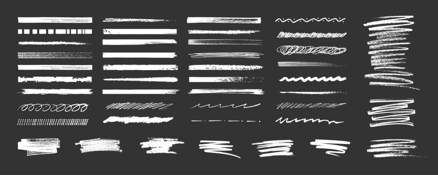 White Brush Stroke and Scribble Underline Set on Dark Background. Collection of brush strokes, scribble lines, sketch marks, underline and textures arranged on a dark background for highlights. Vector