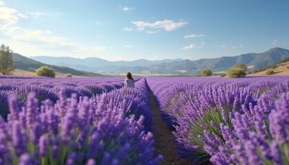 Obraz premium Woman walks through vast lavender field under blue sky. Rows of purple flowers stretch to distant hills. Person gazes ahead, enjoying peaceful nature scene, bright sunny day.