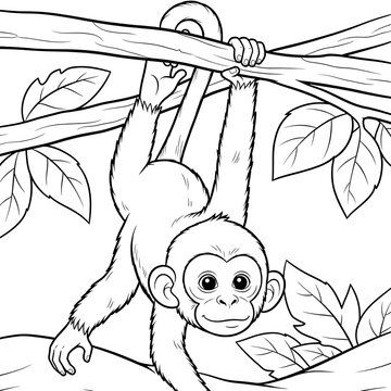 A cartoon monkey hanging from a tree branch upside down