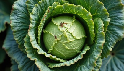 Fototapeta premium Close-up view of fresh green cabbage head showing layered leaves and intricate texture. Vegetable grows in garden bed with natural imperfections and signs of organic life.