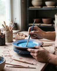 Obraz premium Artisan painting ceramic plate with blue glaze in pottery studio. Potter applying pigment pattern on clay dish using brush. Traditional craft workshop process for handmade dinnerware creation.