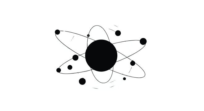 Simple black and white atomic structure model with orbiting electrons and nucleus on clean white background for science education concepts