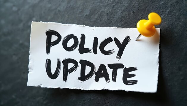 Paper note with bold text Policy Update pinned on dark textured background. Announcement of changes in rules official guidelines, information for public employees. New directives for business