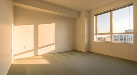Obraz premium Empty Modern Apartment Room with Golden Hour Sunlight | Interior Real Estate Photography of Vacant Bedroom or Living Space | Minimalist Design with Warm Light and Urban City Window View | New Home