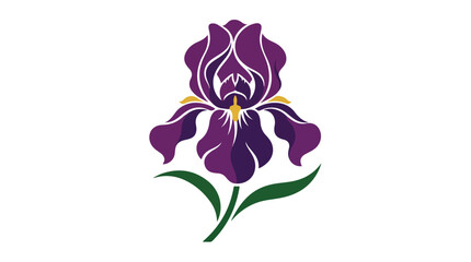 Obraz premium Elegant purple iris flower with green leaves on a clean white background, a simple botanical illustration