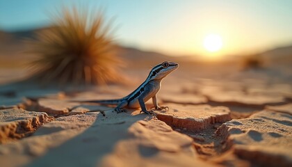 Fototapeta premium Small lizard basks on cracked desert earth at sunrise. Arid landscape with dry ground and sparse plant life. Animal waits for warmth and food in wild, unforgiving habitat.
