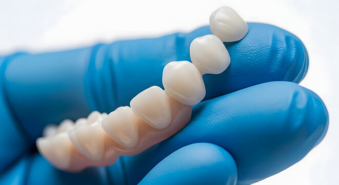 Dental prosthetics a hand holding several artificial teeth