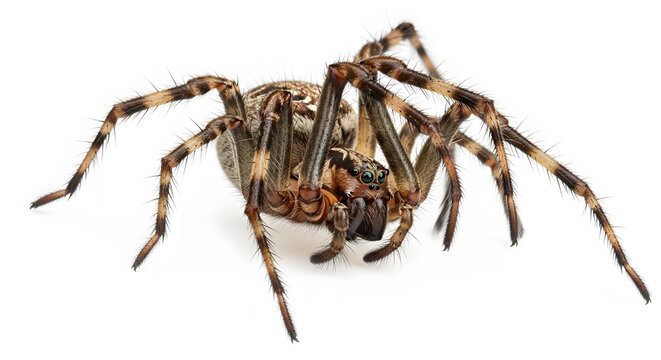 Close up of a brown spider with stripped legs on a white background