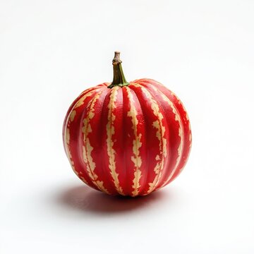 Vibrant red bitter melon gourd with yellow stripes sits on a clean white background. This striped cucurbit fruit offers a unique texture and is perfect for culinary use.
