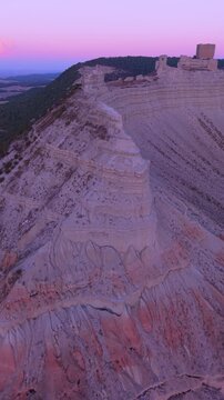 Castejon de Valdejasa village, Cinco Villas region, Zaragoza province, Aragon, Spain, Europe, 17 octubre 2025: Aerial drone view of Sora Castle, medieval fortress ruins on a rocky hilltop, surrounded 