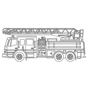 A detailed line drawing of a fire truck with ladder