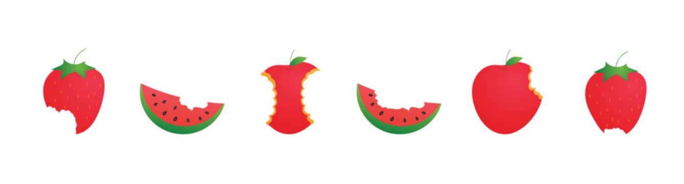 Sliced watermelon with bite mark vector illustration, fresh red summer fruit with seeds. A vibrant illustration of a red apple with a bite mark, vector illustration.
