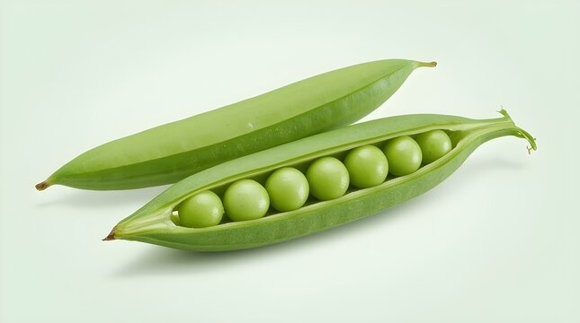 Two green pea pods are displayed against a transparent background, slightly overlapping each other. The pods are partially open, revealing a row of round, bright green peas neatly aligned inside.