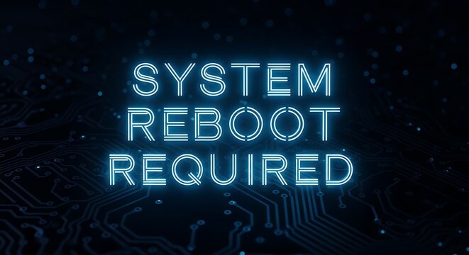 System reboot required text glowing blue with required computer technology information electronic connection.