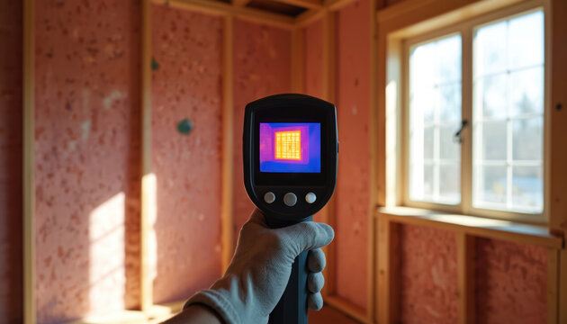 Hand with glove uses thermal imager scanner to detect heat loss in house walls. Pro checks insulation, drafts, temperature and window gaps for energy saving. Home inspection for maintenance.