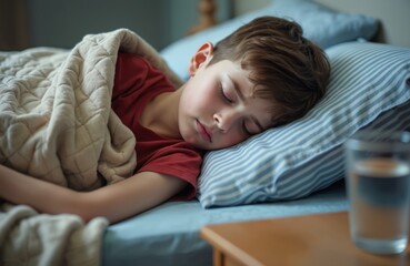 Fototapeta premium Young boy slepic in bed covered with blanket. He has flu, fever and high temperature. Child rests at home, recovering from illness. Needs medication and care. He is tired and weak.