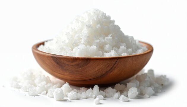 Heap of coarse kosher salt in wooden bowl. White crystalline flakes scattered around for cooking seasoning. Culinary ingredient for food preparation, clean and pure.