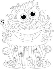 Fototapeta premium Cute Halloween Cupcake with Skull Decoration Coloring Page for Kids