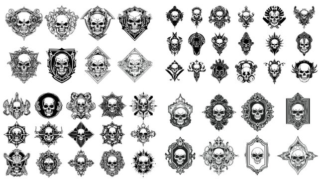 Ornamental skull badge and emblem set with gothic frames decorative crests and vintage style symbols for branding logos posters and halloween design