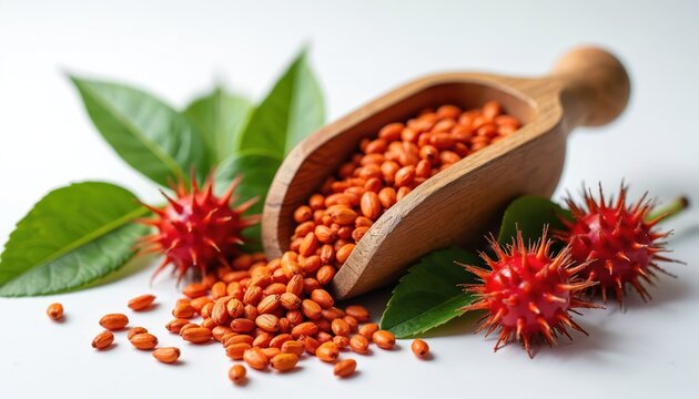 Orange annatto seeds spill from wooden scoop with spiky red fruit and green leaves. Natural red dye ingredient for food coloring and cooking.