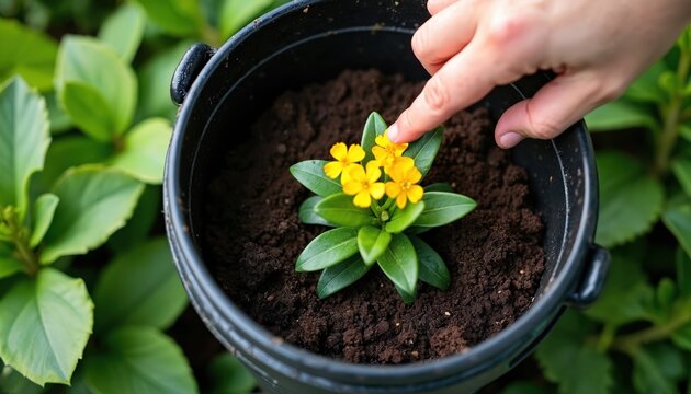 Person gently touches yellow flowers in a black pot with dark soil. Rich green leaves surround the potted plant. This close-up shows a hand caring for a small flowering plant in a garden.