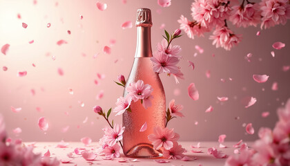 Obraz premium Sparkling rose wine bottle adorned with pink cherry blossoms. Falling petals create a soft, romantic, and celebratory spring atmosphere. Delicate floral decor on elegant glass.