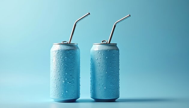 Two blue beverage cans with metal straws sit on a light blue surface. Water droplets cover the cans suggesting they are cold and refreshing. Minimalist studio shot.