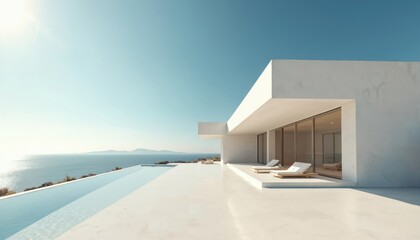 Obraz premium Modern white villa with infinity pool overlooks ocean. Minimalist architecture, clean lines, sunlit terrace, sun loungers, clear blue sky, tranquil seaside view. Elegant luxury resort living, summer