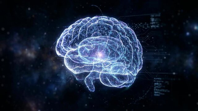 Ai Brain Glowing Particles Rotating Slowly In Dark Space. A Rotating Particle Structure, Brain Silhouette, And Dark Contrast Shape The Artificial Intelligence Visual