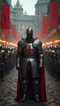 Knight Templar stands in medieval courtyard. Knights and squires fill courtyard. Red banners with crosses fly from buildings. Torches light cobblestone street.