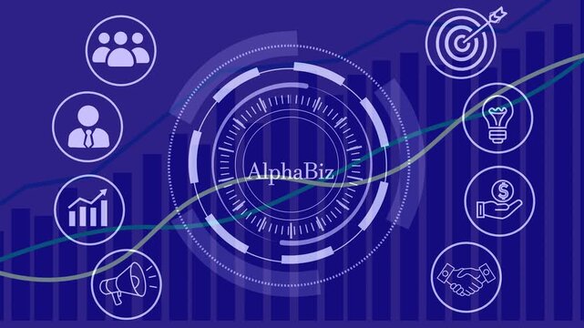 Corporate growth and business strategy concept with rotating digital elements and alphabiz logo