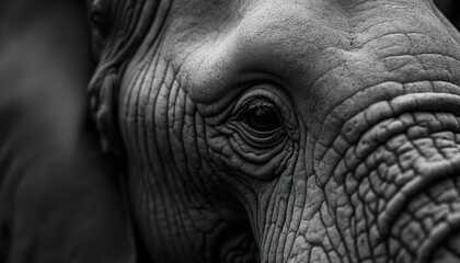Fototapeta premium Black and white close up of elephant face. Wrinkled skin texture shows detail of elephant eye and trunk. Majestic wild animal stares intensely with wisdom and solemnity.